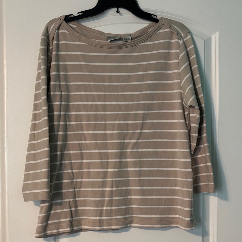 Chico's Taupe and White Striped 3/4 Sleeve Button shoulder Top